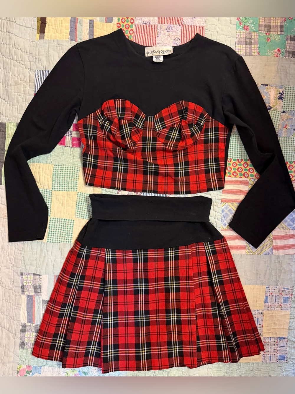VTG Necessary Objects Y2K/90s Plaid 2Piece Set Grunge Emo Punk Pleated Crop Mini